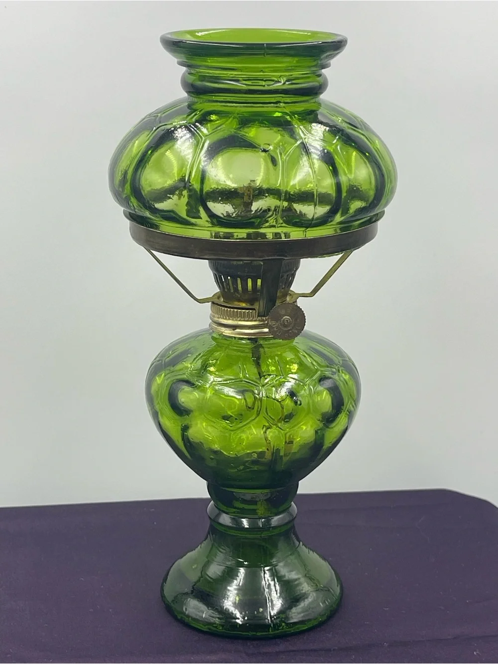 Vintage Emerald Green Pressed Glass Hurricane Oil Lamp w/Brass Metal Wick Collar
